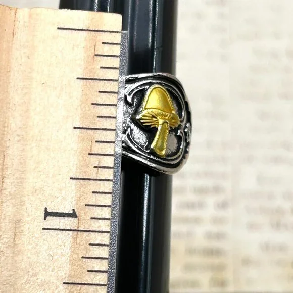 Silver Gold Mushroom Wide Band Ornate Ring Fantasy Cottagecore Botanical Theme - Picture 12 of 13